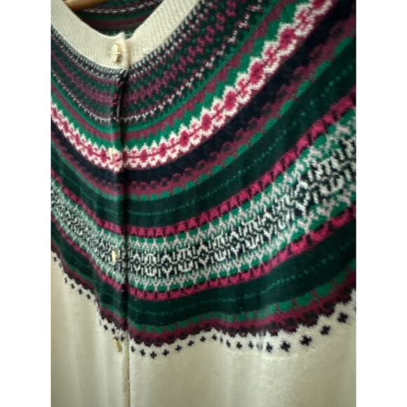 Talbots Cashmere Blend Fair Isle Trim Button Front Cardigan Size Large Petite - Picture 6 of 10